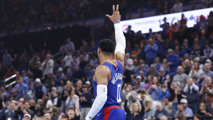 Feb 22, 2024; Oklahoma City, Oklahoma, USA; LA Clippers guard Russell Westbrook (0) waves to fans as he enters the game against the Oklahoma City Thunder during the first quarter at Paycom Center. Mandatory Credit: Alonzo Adams-USA TODAY Sports