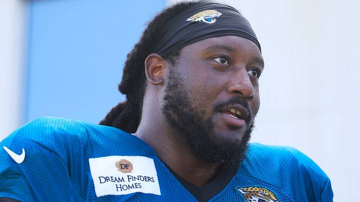 Jacksonville Jaguars defensive tackle Davon Hamilton (52) is interviewed after Day 11 of NFL training camp at the Miller Electric Center on Tuesday, Aug. 11, 2026, in Jacksonville, Fla.