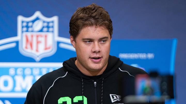 Feb 28, 2026; Indianapolis, IN, USA; Utah offensive lineman Caleb Lomu (OL33) speaks to members of the media during the NFL Combine at the Indiana Convention Center. Mandatory Credit: Jacob Musselman-Imagn Images