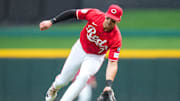 Cincinnati Reds first baseman Spencer Steer (7) plays a ground ball off the bat of Pittsburgh Pirates shortstop Jared Triolo (19) in the third inning of the MLB National League game between the Cincinnati Reds and the Pittsburgh Pirates at Great American Ball Park in downtown Cincinnati on Thursday, Sept. 25, 2025.