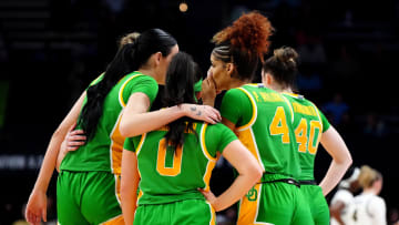 Feb 9, 2024; Boulder, Colorado, USA; Members of the Oregon Ducks huddle in the second half against the Colorado Buffaloes at CU Events Center. Mandatory Credit: Ron Chenoy-USA TODAY Sports