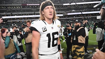 Nov 3, 2024; Philadelphia, Pennsylvania, USA; Jacksonville Jaguars quarterback Trevor Lawrence (16) on the field after loss to the Philadelphia Eagles at Lincoln Financial Field. Mandatory Credit: Eric Hartline-Imagn Images