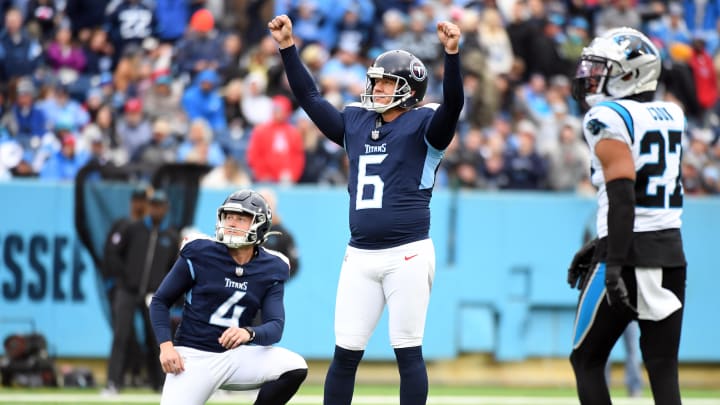 Nov 26, 2023; Nashville, Tennessee, USA; Tennessee Titans place kicker Nick Folk (6) celebrates after making a 53-yard field goal to end the half against the Carolina Panthers at Nissan Stadium. Mandatory Credit: Christopher Hanewinckel-USA TODAY Sports