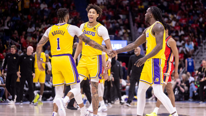 Apr 16, 2024; New Orleans, Louisiana, USA; Los Angeles Lakers center Jaxson Hayes (11) reacts to a play with guard D'Angelo Russell (1) on a time out against the New Orleans Pelicans during the first half of a play-in game of the 2024 NBA playoffs against the New Orleans Pelicans at Smoothie King Center. Mandatory Credit: Stephen Lew-USA TODAY Sports