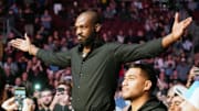 Feb 15, 2020; Rio Rancho, New Mexico, USA; UFC fighter Jon Jones attends the light heavyweight bout between Jan Blachowicz (blue) and Corey Anderson (red) during UFC Fight Night at Santa Ana Star Arena. Mandatory Credit: Kirby Lee-Imagn Images