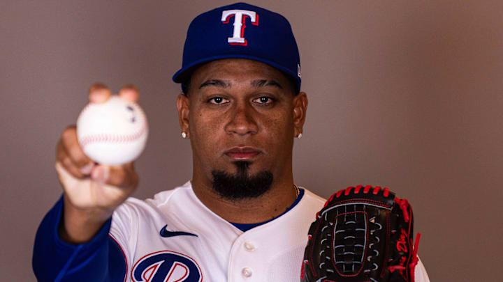 Feb 17, 2026; Surprise, AZ, USA; Texas Rangers pitcher Alexis Diaz during media day at Surprise Sports Complex. Mandatory Credit: Arianna Grainey-Imagn Images