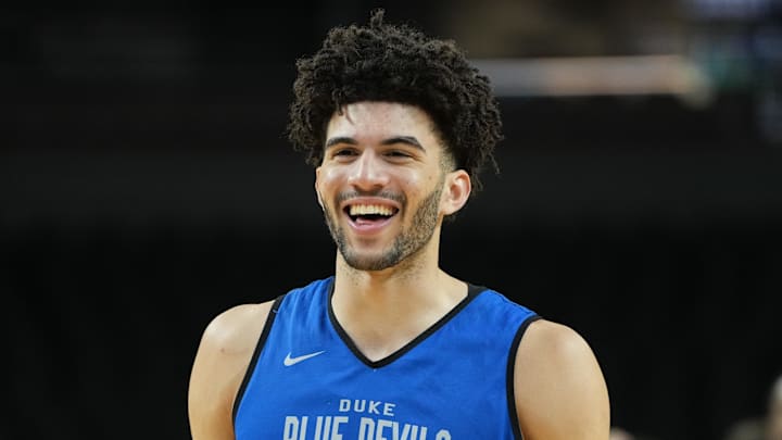 Duke Blue Devils forward Cameron Boozer (12) reacts during a practice session ahead of the first round of the men's 2026 NCAA Tournament at Bon Secours Wellness Arena.