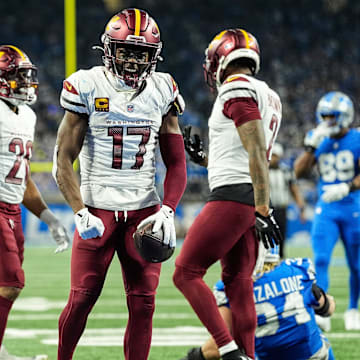 Washington Commanders wide receiver Terry McLaurin (17) celebrates a first down against Detroit Lions during the second half of the NFC divisional round at Ford Field in Detroit on Saturday, Jan. 18, 2025.
