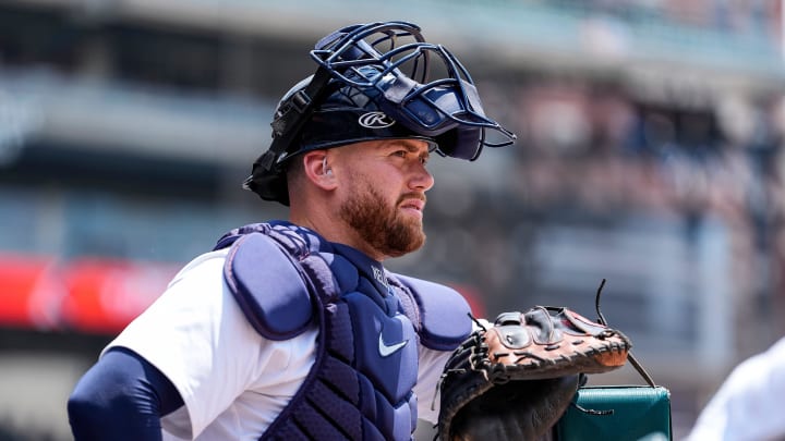 Detroit Tigers catcher Carson Kelly (15) gets ready to take the field against Cleveland Guardians for the first inning at Comerica Park in Detroit on Thursday, July 11, 2024.