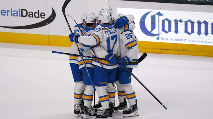 Mar 30, 2026; San Jose, California, USA;  St. Louis Blues defenseman Cam Fowler (17) celebrates with teammates after scoring a goal against the San Jose Sharks in the third period at SAP Center at San Jose. Mandatory Credit: David Gonzales-Imagn Images