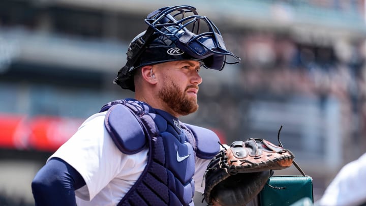 Detroit Tigers catcher Carson Kelly (15) gets ready to take the field against Cleveland Guardians for the first inning at Comerica Park in Detroit on Thursday, July 11, 2024.