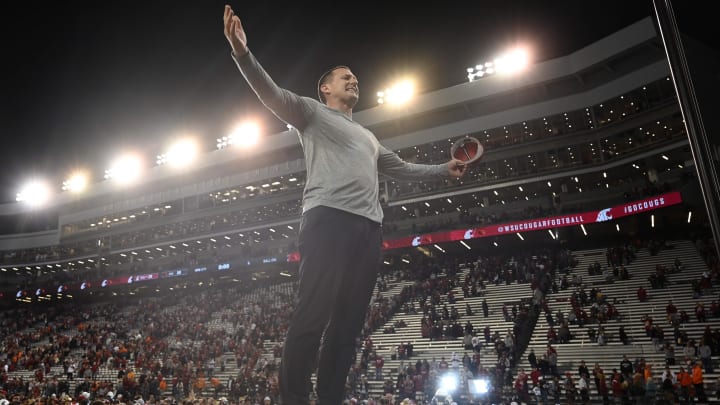 Sep 23, 2023; Pullman, Washington, USA; Washington State Cougars head coach Jake Dickert celebrates after a game against the Oregon State Beavers at Gesa Field at Martin Stadium. Mandatory Credit: James Snook-USA TODAY Sports