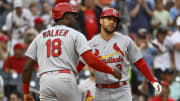 Jun 20, 2023; Washington, District of Columbia, USA; St. Louis Cardinals right fielder Dylan Carlson (3) celebrates with left fielder Jordan Walker (18) after hitting a two run home run against the Washington Nationals during the second inning at Nationals Park. Mandatory Credit: Brad Mills-USA TODAY Sports