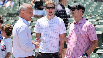 Brad Stevens and Jed Hoyer take in a Boston Red Sox v Chicago Cubs game.