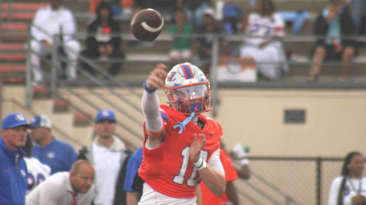 Bolles quarterback Ethan Drumm (10) throws a pass in warm-ups before a high school football game against Raines on August 23, 2024. [Clayton Freeman/Florida Times-Union]