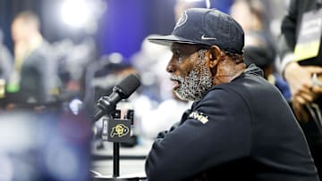 Apr 4, 2025; Boulder, CO, USA; Colorado Buffaloes head coach Deion Sanders speaks to the media at the University of Colorado NFL Showcase at the CU Indoor Practice Facility. 