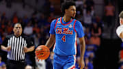 Mar 8, 2025; Gainesville, Florida, USA; Mississippi Rebels forward Jaemyn Brakefield (4) looks to pass against the Florida Gators during the first half at Exactech Arena at the Stephen C. O'Connell Center. Mandatory Credit: Matt Pendleton-Imagn Images