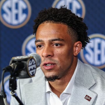 Mississippi State Bulldogs wide receiver Brenen Thompson answers questions from the media during the SEC Media Days at Omni Atlanta Hotel.