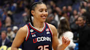 Apr 4, 2025; Tampa, FL, USA;  Connecticut Huskies guard Azzi Fudd (35) leaves the court after defeating the UCLA Bruins during the fourth quarter in a semifinal of the women's 2025 NCAA tournament at Amalie Arena. Mandatory Credit: Nathan Ray Seebeck-Imagn Images