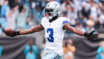 Oct 12, 2025; Charlotte, North Carolina, USA; Dallas Cowboys wide receiver George Pickens (3) celebrates a touchdown during the second half against the Carolina Panthers at Bank of America Stadium. Mandatory Credit: Scott Kinser-Imagn Images