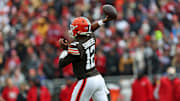 Nov 30, 2025; Cleveland, Ohio, USA;  Cleveland Browns quarterback Shedeur Sanders (12) drops back to make a pass during the first half against the San Francisco 49ers at Huntington Bank Field. Mandatory Credit: Scott Galvin-Imagn Images