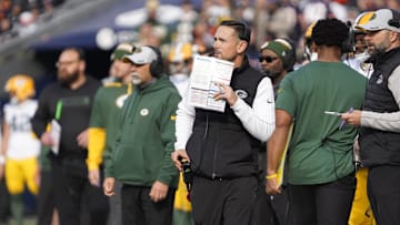 Nov 17, 2024; Chicago, Illinois, USA; Green Bay Packers head coach Matt LaFleur on the sidelines against the Chicago Bears during the first half at Soldier Field.