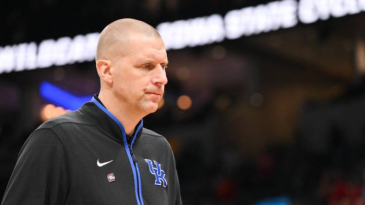 Mar 22, 2026; St. Louis, MO, USA; Kentucky Wildcats head coach Mark Pope looks on after the game against the Iowa State Cyclones during a second round game of the men's 2026 NCAA Tournament at Enterprise Center. Mandatory Credit: Jeff Curry-Imagn Images