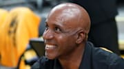 May 10, 2025; San Francisco, California, USA; Barry Bonds watches warmups for the Minnesota Timberwolves and Golden State Warriors before game three of the second round for the 2025 NBA Playoffs at Chase Center. Mandatory Credit: David Gonzales-Imagn Images