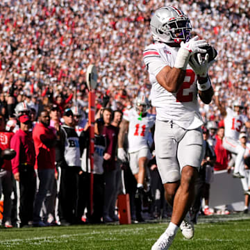 Ohio State Buckeyes wide receiver Emeka Egbuka (2) makes a touchdown catch during the first half of the NCAA football game against the Penn State Nittany Lions at Beaver Stadium in University Park, Pa. on Saturday, Nov. 2, 2024.