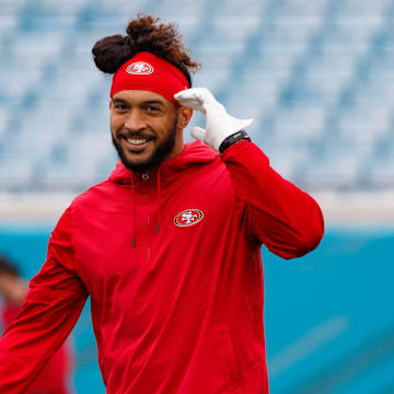 Nov 12, 2023; Jacksonville, Florida, USA; San Francisco 49ers safety Talanoa Hufanga (29) during the warm ups before the game against the Jacksonville Jaguars at EverBank Stadium. Mandatory Credit: Morgan Tencza-Imagn Images