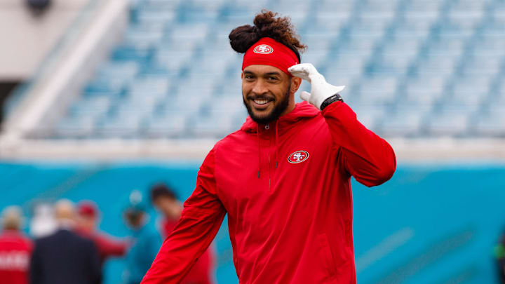 Nov 12, 2023; Jacksonville, Florida, USA; San Francisco 49ers safety Talanoa Hufanga (29) during the warm ups before the game against the Jacksonville Jaguars at EverBank Stadium. Mandatory Credit: Morgan Tencza-Imagn Images