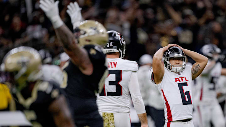 Atlanta Falcons kicker Younghoe Koo missed three field goals Sunday against the New Orleans Saints.