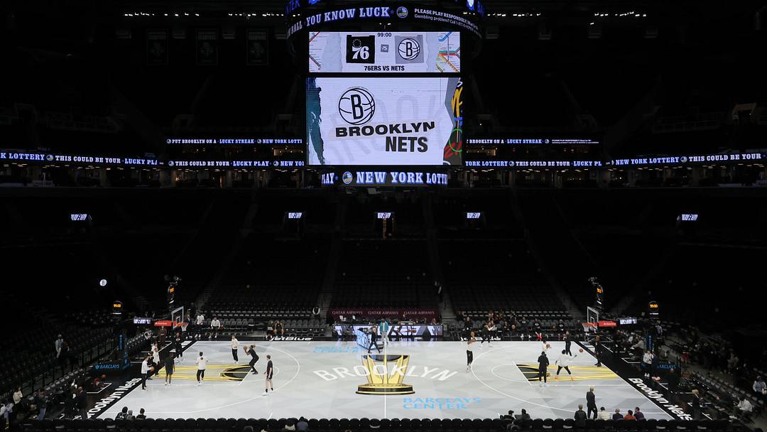 Nov 28, 2025; Brooklyn, New York, USA; General view of Barclays Center as players warm up before an NBA Cup game between the Brooklyn Nets and Philadelphia 76ers. Mandatory Credit: Brad Penner-Imagn Images
