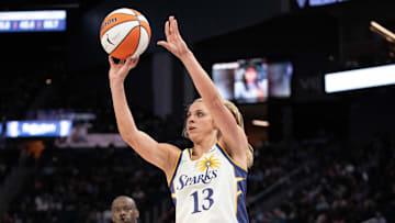 May 6, 2025; San Francisco, CA, USA; Los Angeles Sparks guard Sarah Ashlee Barker (13) during the third quarter against the Golden State Valkyries at Chase Center. Mandatory Credit: Kyle Terada-Imagn Images