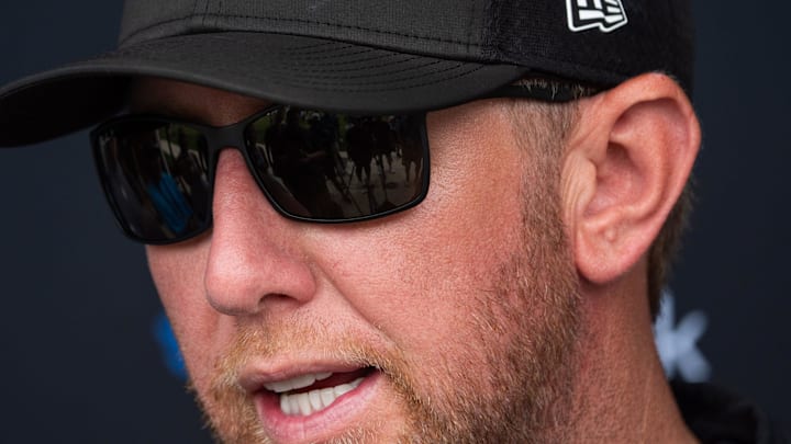 Jacksonville Jaguars head coach Liam Coen answers questions after the Jaguar’s 12th NFL training camp session at the Miller Electric Center, Thursday, Aug. 7, 2025, in Jacksonville, Fla. [Doug Engle/Florida Times-Union]