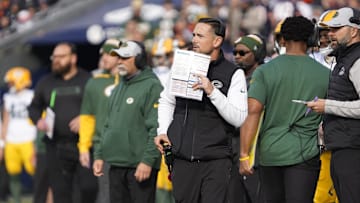Nov 17, 2024; Chicago, Illinois, USA; Green Bay Packers head coach Matt LaFleur on the sidelines against the Chicago Bears during the first half at Soldier Field. Mandatory Credit: David Banks-Imagn Images