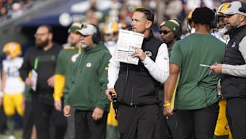 Nov 17, 2024; Chicago, Illinois, USA; Green Bay Packers head coach Matt LaFleur on the sidelines against the Chicago Bears during the first half at Soldier Field. Mandatory Credit: David Banks-Imagn Images