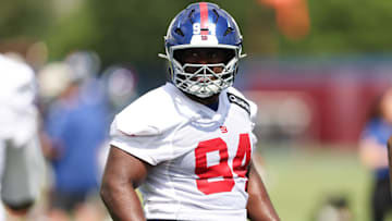 Jul 23, 2025; East Rutherford, NJ, USA; New York Giants defensive tackle Elijah Chatman (94) looks on during training camp at Quest Diagnostics Training Center. Mandatory Credit: Vincent Carchietta-Imagn Images