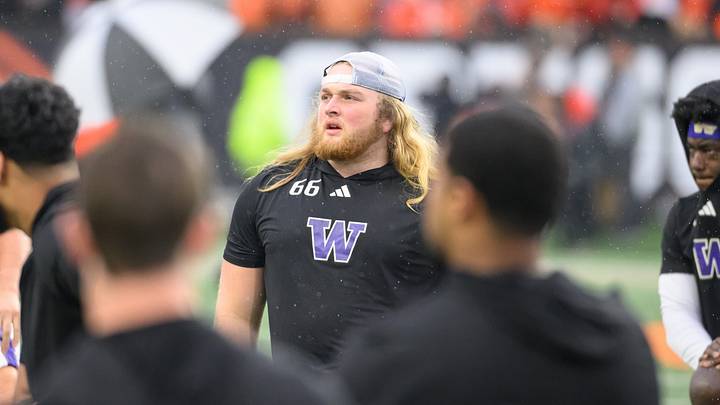 Nov 18, 2023; Corvallis, Oregon, USA; Washington Huskies offensive lineman Landen Hatchett (66) warms up in pregame against the Oregon State Beavers at Reser Stadium. Mandatory Credit: Craig Strobeck-USA TODAY Sports