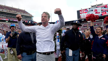 Ole Miss coach Lane Kiffin celebrates after a college football game between the University of Oklahoma Sooners (OU) and the Ole Miss Rebels at Gaylord Family Ð Oklahoma Memorial Stadium in Norman, Okla., Saturday, Oct. 25, 2025. Ole Miss won 34-26.