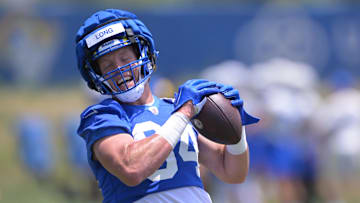 May 28, 2024; Thousand Oaks, CA, USA; Los Angeles Rams tight end Hunter Long (84) during OTAs at the team training facility at California Lutheran University. Mandatory Credit: Jayne Kamin-Oncea-Imagn Images