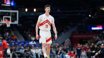 Mar 24, 2025; Washington, District of Columbia, USA; Toronto Raptors center Colin Castleton (11) looks on during the fourth quarter against the Washington Wizards at Capital One Arena. Mandatory Credit: Reggie Hildred-Imagn Images
