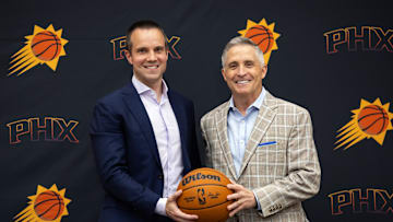 Phoenix Suns head coach Jordan Ott poses for a photo with general manager Brian Gregory