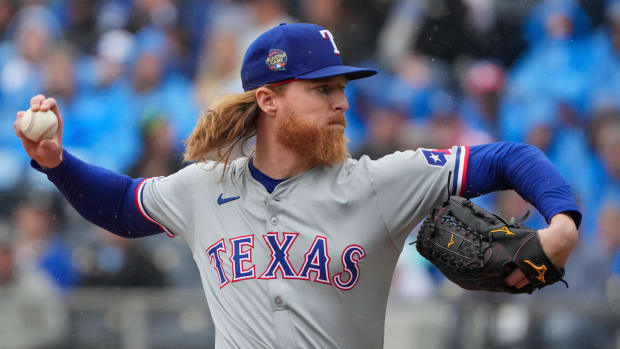 May 5, 2024; Kansas City, Missouri, USA; Texas Rangers pitcher Jon Gray (22) delivers a pitch against the Kansas City Royals in the first inning at Kauffman Stadium. Mandatory Credit: Denny Medley-USA TODAY Sports