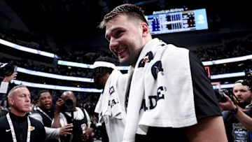 Apr 9, 2025; Dallas, Texas, USA;  Los Angeles Lakers guard Luka Doncic (77) reacts after the game against the Dallas Mavericks at American Airlines Center. Mandatory Credit: Kevin Jairaj-Imagn Images