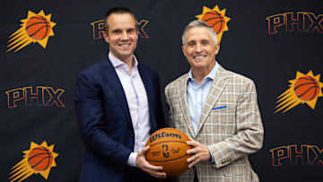 Jun 10, 2025; Scottsdale, AZ, USA; Phoenix Suns head coach Jordan Ott (left) poses for a photo with general manager Brian Gregory during an introductory press conference at the Verizon 5g Performance Center. Mandatory Credit: Mark J. Rebilas-Imagn Images