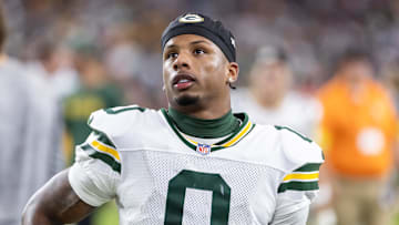 Oct 19, 2025; Glendale, Arizona, USA; Green Bay Packers wide receiver Matthew Golden (0) against the Arizona Cardinals at State Farm Stadium. Mandatory Credit: Mark J. Rebilas-Imagn Images
