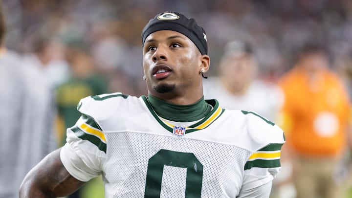 Oct 19, 2025; Glendale, Arizona, USA; Green Bay Packers wide receiver Matthew Golden (0) against the Arizona Cardinals at State Farm Stadium. Mandatory Credit: Mark J. Rebilas-Imagn Images