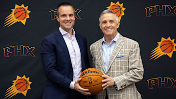 Jun 10, 2025; Scottsdale, AZ, USA; Phoenix Suns head coach Jordan Ott (left) poses for a photo with general manager Brian Gregory during an introductory press conference at the Verizon 5g Performance Center. Mandatory Credit: Mark J. Rebilas-Imagn Images