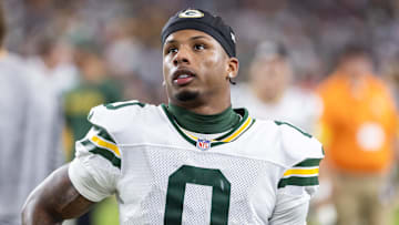 Oct 19, 2025; Glendale, Arizona, USA; Green Bay Packers wide receiver Matthew Golden (0) against the Arizona Cardinals at State Farm Stadium. Mandatory Credit: Mark J. Rebilas-Imagn Images